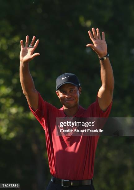 Tiger Woods celebrates after his two-stroke victory at the 89th PGA Championship at the Southern Hills Country Club on August 12, 2007 in Tulsa,...