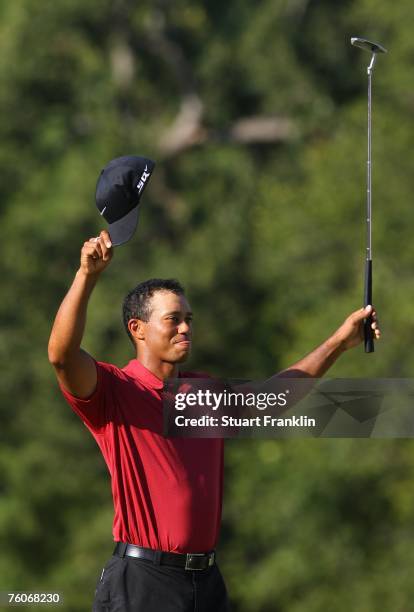 Tiger Woods celebrates his two-stroke victory at the 89th PGA Championship at the Southern Hills Country Club on August 12, 2007 in Tulsa, Oklahoma.