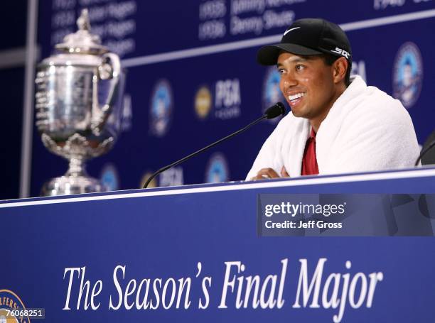 Tiger Woods chats with the media after his two-stroke victory at the 89th PGA Championship at the Southern Hills Country Club on August 12, 2007 in...