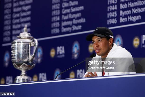 Tiger Woods chats with the media after his two-stroke victory at the 89th PGA Championship at the Southern Hills Country Club on August 12, 2007 in...