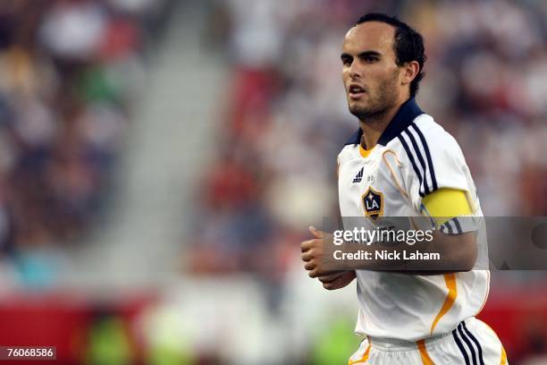 Landon Donovan of the Los Angeles Galaxy runs on the field while playing against the New England Revolution at Gillette Stadium on August 12, 2007 in...