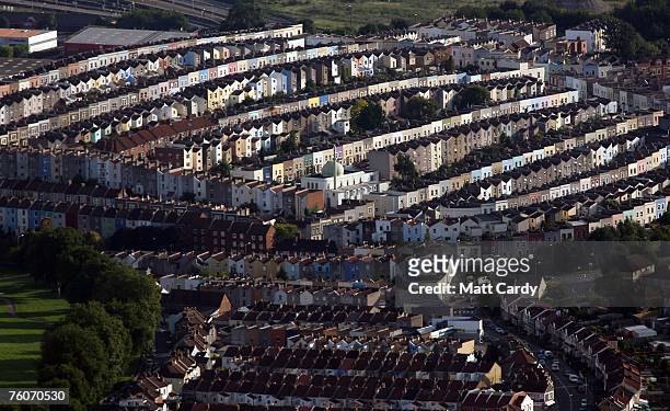 Brightly coloured terraced housing in the Totterdown area of the City of Bristol is seen from a hot air balloon during the early morning mass ascent...