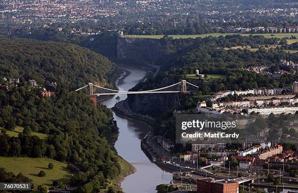 Traffic driving under Brunel's Clifton Suspension Bridge is seen from a hot air balloon during the early morning mass ascent at the Discovery Channel...