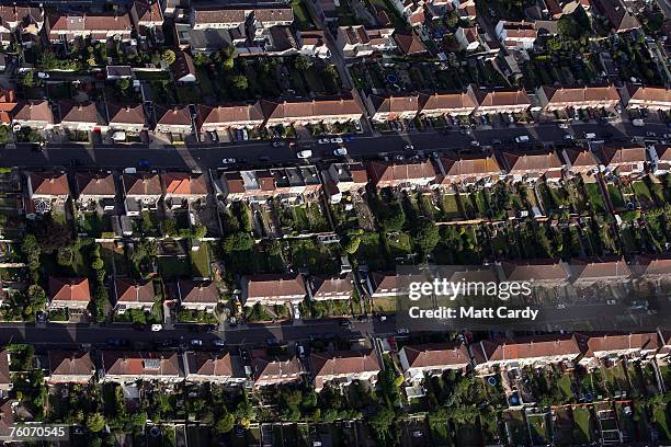 Cars driving through streets in suburban housing estates in the City of Bristol are seen from a hot air balloon during the early morning mass ascent...