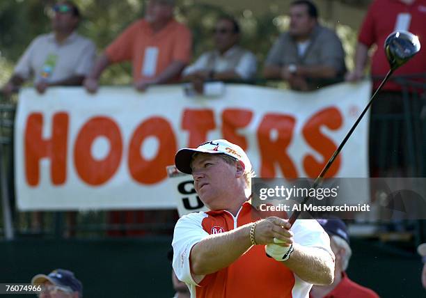 John Daly drives from the ninth tee during the second round of the PODS Championship at Innisbrook Resort and Golf Club in Palm Harbor, Florida on...