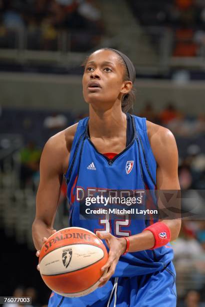 Swin Cash of the Detroit Shock shoots a free throw during a WNBA game against the Washington Mystics on July 28, 2007 at the Verizon Center in...