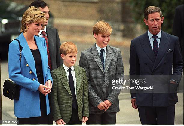 Eton,England September 6, 1995. Princess Diana, Prince Harry, Prince William, Prince Charles at Prince William's first day at Eton.