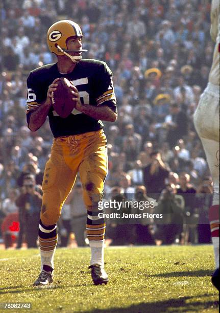 Green Bay Packers Hall of Fame quarterback Bart Starr surveys the field during Super Bowl I, a 35-10 victory over the Kansas City Chiefs on January...