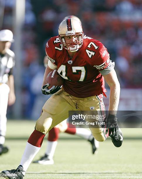 Tight end Billy Bajema of the San Francisco 49ers runs after a reception in a pre-season game at Monster Park August 13, 2007 in San Francisco,...