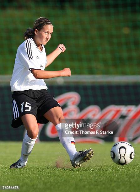 Laura Vetterlein of Germany kicks the ball during the Women's U15 four nations tournament match between Germany and Denmark on August 13, 2007 in...