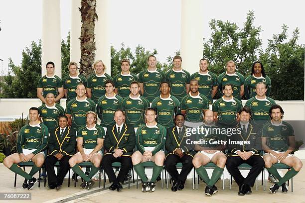 The Springbok team Jaque Fourie, Jean de Villiers, Schalk Burger, Juan Smith, Bakkies Botha, Johann Muller, Jaques Cronje, CJ van de Linde and Akona...