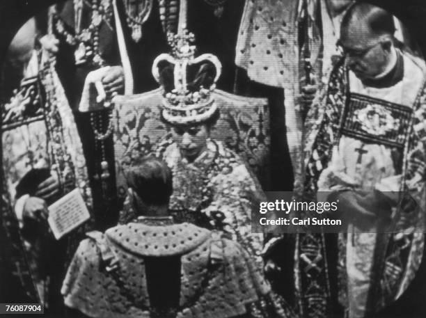 Still from the television coverage of the Coronation of Queen Elizabeth II at Westminster Abbey, 2nd June 1953. Original publication: Picture Post -...