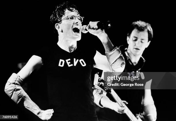 Mark Mothersbaugh, of the new wave rock band Devo performs "Whip It Good" from their "Duty Now For the Future" album during a 1979 Hollywood,...