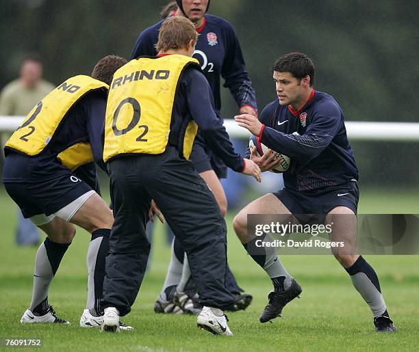 Danny Hipkiss charges forward during the England rugby training session held at Bath University on August 14, 2007 in Bath, England.