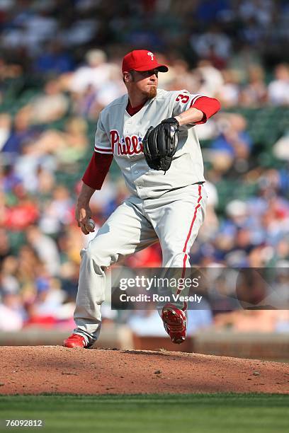 Bret Myers of the Philadelphia Phillies pitches during the game against the Chicago Cubs at Wrigley Field in Chicago, Illinois on August 2, 2007. The...