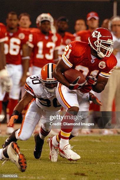 Kansas City Chiefs running back Kolby Smith is tackled by Cleveland Browns defensive back Brandon McDonald during their game on August 11, 2007 at...