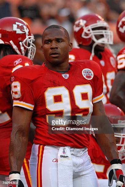 Kansas City Chiefs linebacker Kendrell Bell looks towards the field during the game with the Cleveland Browns on August 11, 2007 at Cleveland Browns...
