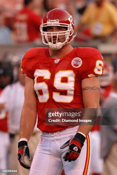 Kansas City Chiefs defensive lineman Jared Allen looks towards the sideline during the game with the Cleveland Browns on August 11, 2007 at Cleveland...