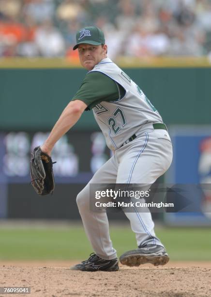 Scott Dohmann of the Tampa Bay Devil Rays pitches during the game against the Detroit Tigers at Comerica Park in Detroit, Michigan on August 9, 2007....