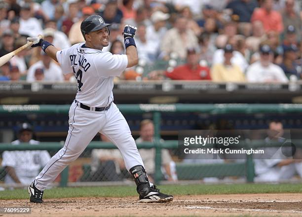 Placido Polanco of the Detroit Tigers bats during the game against the Tampa Bay Devil Rays at Comerica Park in Detroit, Michigan on August 9, 2007....