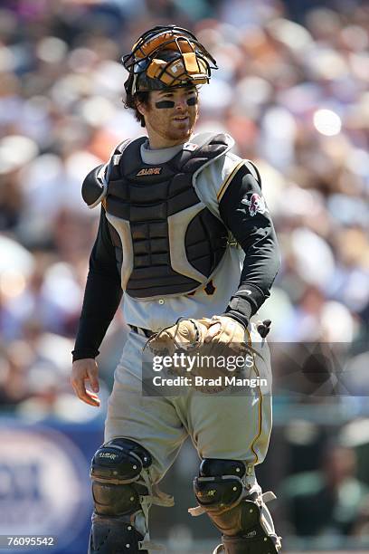 Ryan Doumit of the Pittsburgh Pirates walks out to the mound during the game against the San Francisco Giants at AT&T Park in San Francisco,...