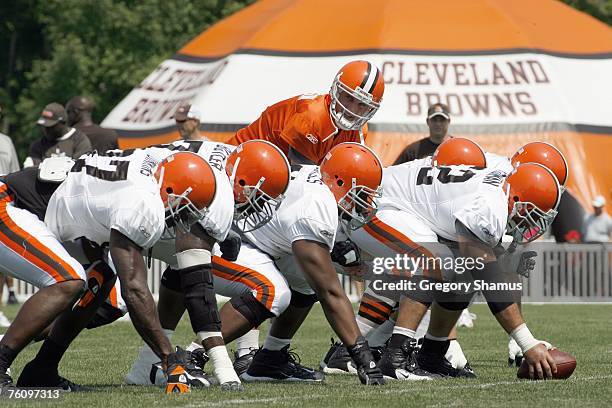 Quarterback Derek Anderson of the Cleveland Browns calls at the line of scrimmage during a training camp at the Cleveland Browns Training and...