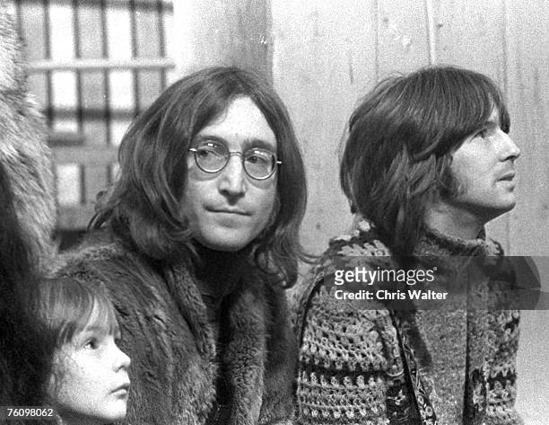 John Lennon with Julian Lennon and Eric Clapton at the Rolling Stones' "Rock & Roll Circus" TV show filming, 1968