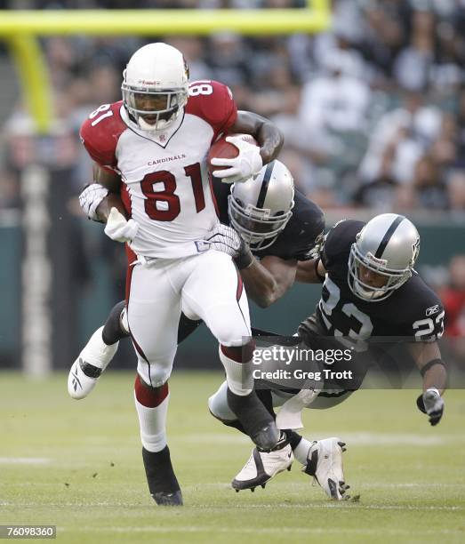 Wide receiver Anquan Bolding of the Arizona Cardinals heads downfield against the Oakland Raiders on August 11, 2007 at McAfee Coliseum in Oakland,...