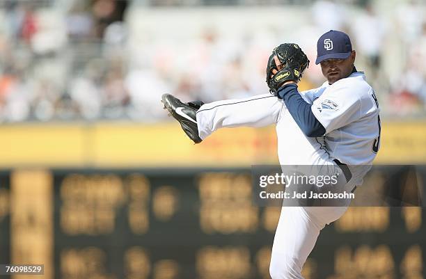Trevor Hoffman of the San Diego Padres pitches against the San Francisco Giants during a MLB game at Petco Park on August 5, 2007 in San Diego,...