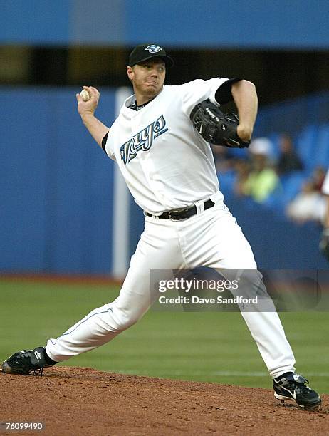 Roy Halladay of the Toronto Blue Jays throws a pitch against the Los Angeles Angels of Anaheim on August 14, 2007 at the Rogers Centre in Toronto,...