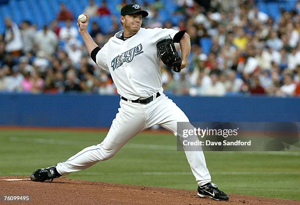 Roy Halladay of the Toronto Blue Jays throws a pitch against the Los Angeles Angels of Anaheim on August 14, 2007 at the Rogers Centre in Toronto,...