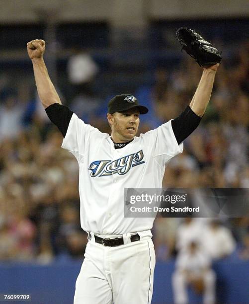 Roy Halladay of the Toronto Blue Jays celebrates his complete game win against the Los Angeles Angels of Anaheim on August 14, 2007 at the Rogers...