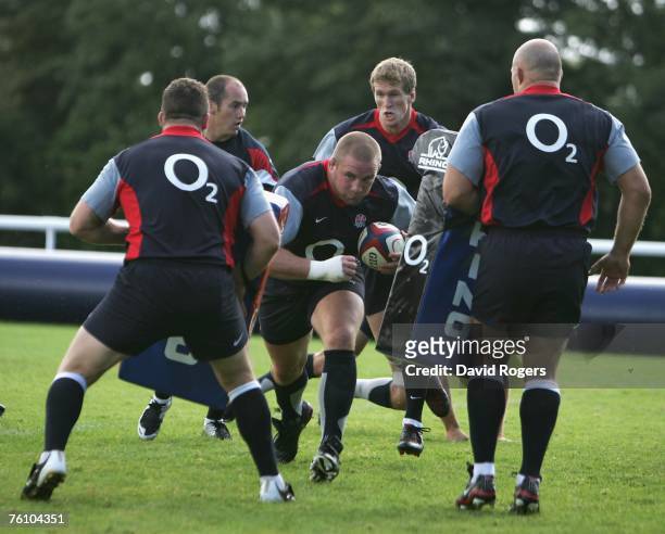 Phil Vickery, the England captain, charges forward during the England rugby training session held at Bath University on August 15, 2007 in Bath,...