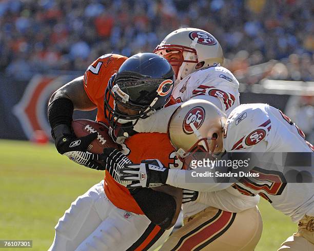 Bear's FB Jason McKie is driven out of bounds after a catch in the first quarter in the Bears 41-10 win over the 49ers at Soldier Field, Chicago,...