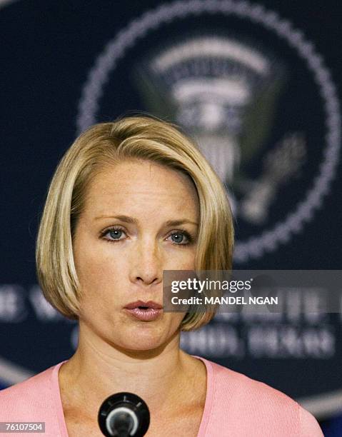 White House Deptuty Press Secretary Dana Perino speaks 15 August 2007 during a press briefing at the press filing center in Crawford, Texas. The...