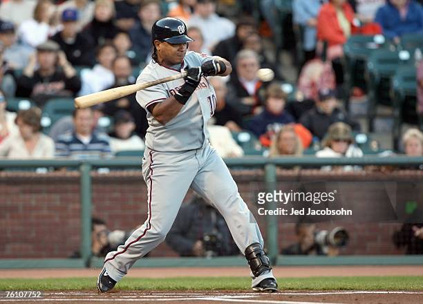 Ronnie Belliard of the Washington Nationals keeps an eye on the ball during the game against the San Francisco Giants on August 7, 2007 at AT&T Park...