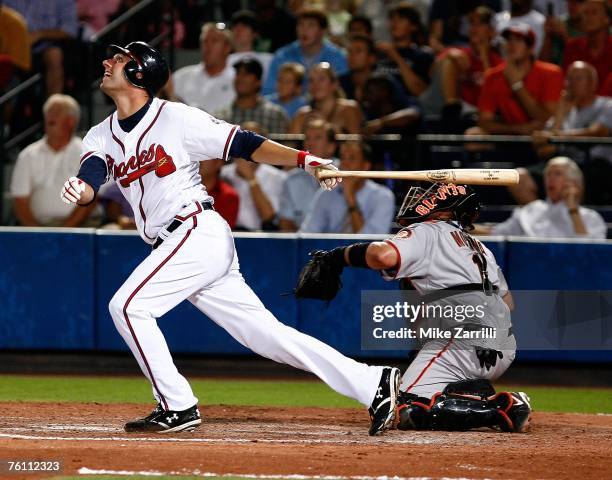 Jeff Francoeur of the Atlanta Braves hits a pop fly while San Francisco Giants catcher Bengie Molina looks on during the game on August 14, 2007 at...