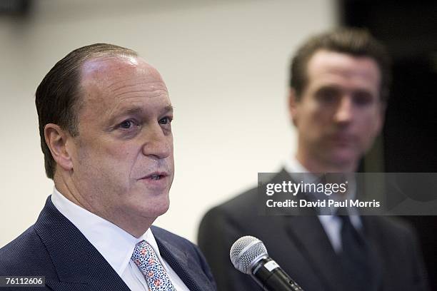 Steven Brill, Chairman and CEO of Clear speaks during a press conference announcing Clear, a new security program, at the San Francisco International...