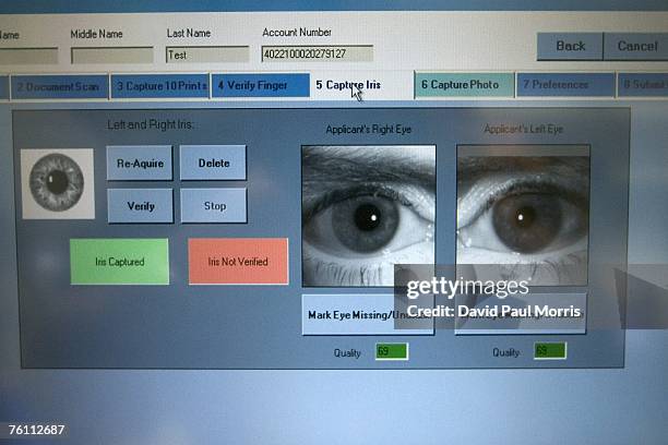 San Francisco Mayor Gavin Newsom has his irises scanned using Clear a new security program, at the San Francisco International Airport on August 15,...