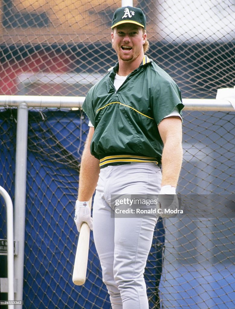 Mark McGwire of the Oakland Athletics during batting practice prior ...