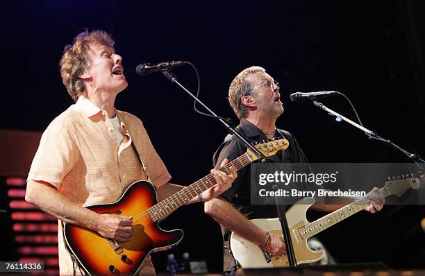 Steve Winwood and Eric Clapton perform at Eric Clapton's Crossroads Guitar Festival 2007 held at Toyota Park on July 28, 2007 in Bridgeview, Illinois.