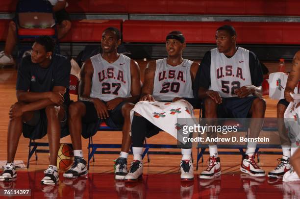 Chris Bosh, Kobe Bryant, Carmelo Anthony and Kevin Durant of the USA Basketball Men's Senior National Team look on during training camp on August 15,...