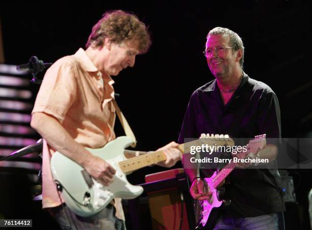 Steve Winwood and Eric Clapton perform at Eric Clapton's Crossroads Guitar Festival 2007 held at Toyota Park on July 28, 2007 in Bridgeview, Illinois.
