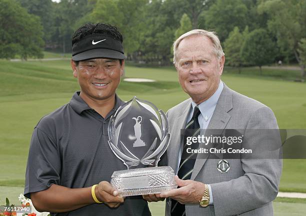 Choi and Jack Nicklaus after Choi wins the Memorial Tournament Presented by Morgan Stanley held at Muirfield Village Golf Club in Dublin, Ohio, on...