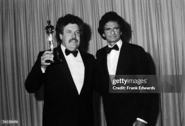 British actor and screen writer Colin Welland holding his Best Original Screenplay Academy Award for 'Chariots of Fire' after the ceremony, 29th...