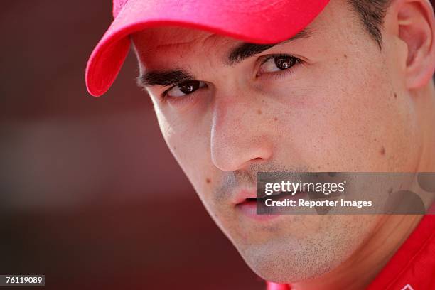 Daniel Sordo, driver of the Total WRT Citroen C4, A/8 looks on as he talks to the media as part of the 2007 ADAC Rallye Deutschland, on August 16,...