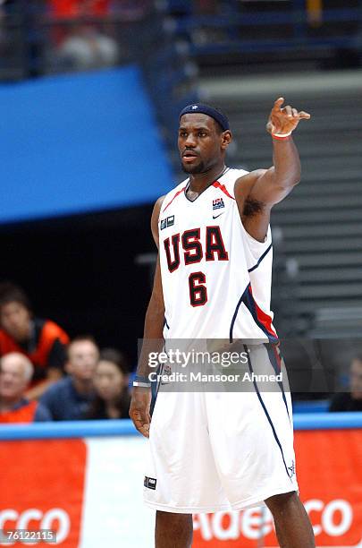 Team USA's LeBron James acknowledges a teammate versus Australia during the Final Eight round of the 2006 FIBA World Championships at Saitama Super...