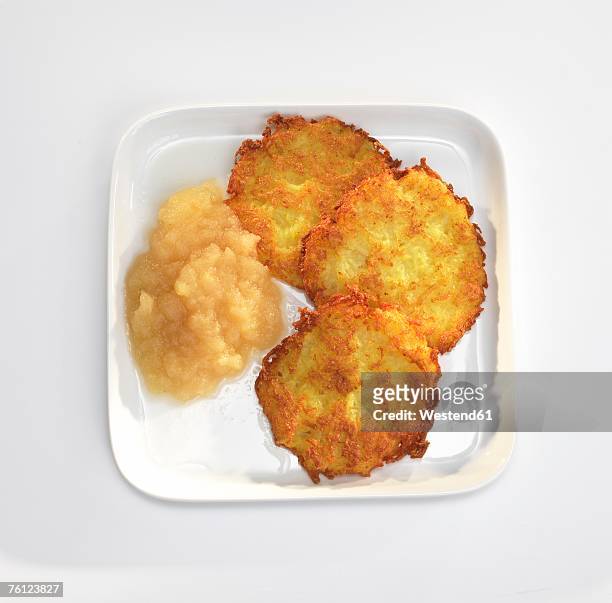 potato fritters with apple sauce on plate, overhead view - potato pancake stock pictures, royalty-free photos & images