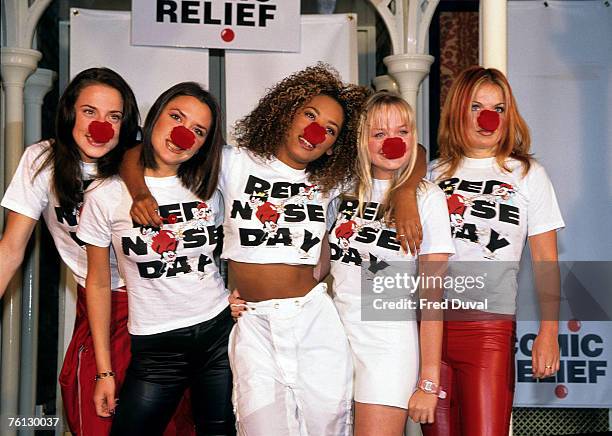 Victoria Beckham, Mel C, Emma Bunton, geri Halliwell and Mel B from The Spice Girls Comic Relief Red Nose Day, London, February 1 1997