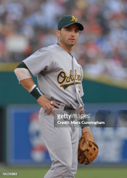 Marco Scutaro of the Oakland Athletics looks on during the game against the Detroit Tigers at Comerica Park in Detroit, Michigan on August 11, 2007....